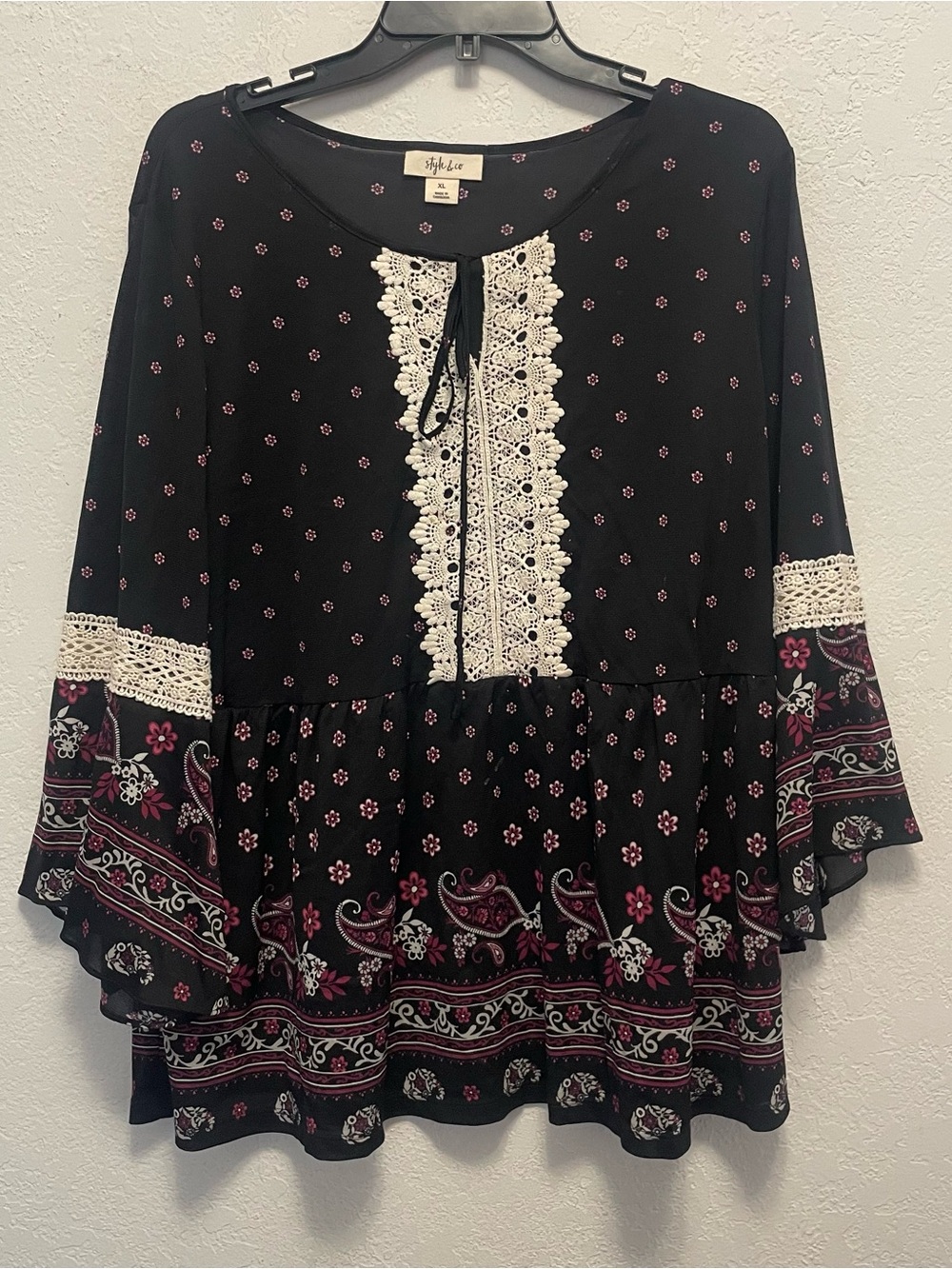 Style & Co Women’s Tunic Top Bell-Sleeves V-Neck Tassel Boho Peasant Ruffle XL